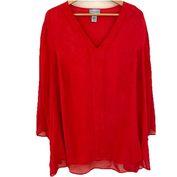 Catherines Sheer Embroidered Tunic Top Plus Size 3X Red Bell Sleeves Romantic - Picture 1 of 13
